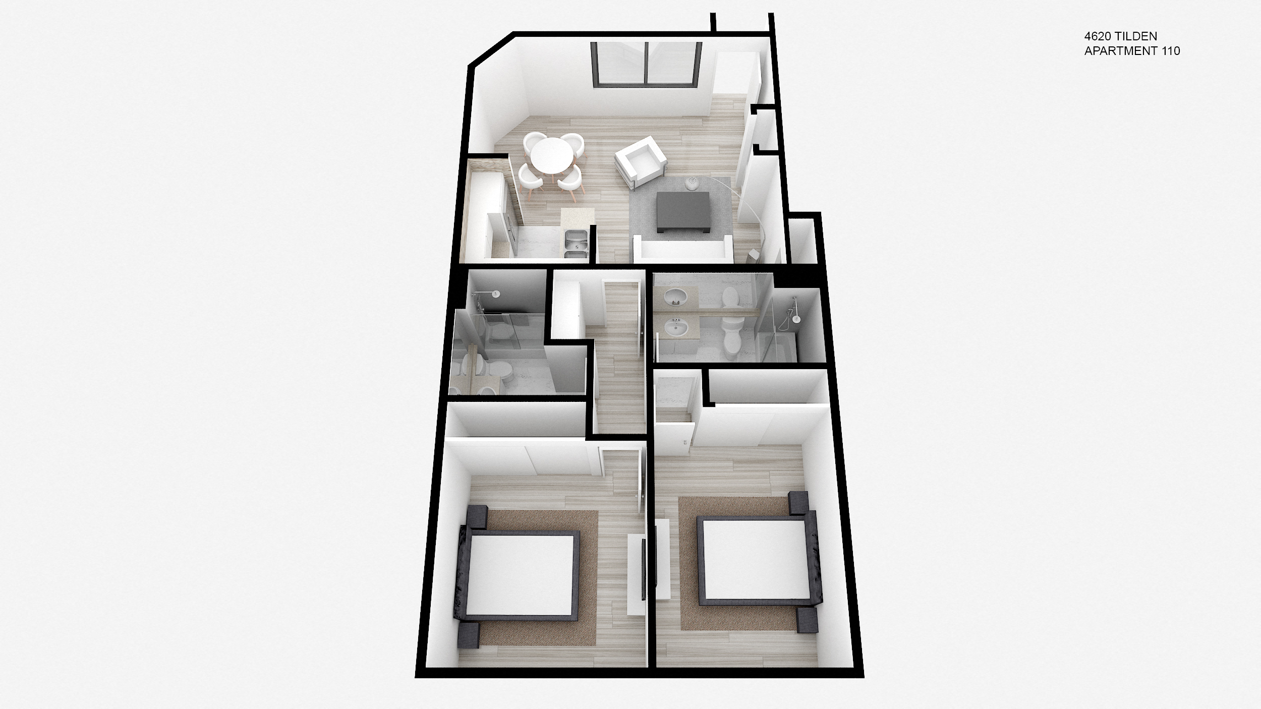 Floor plan for 2 beds, 2 baths, 965 sqft